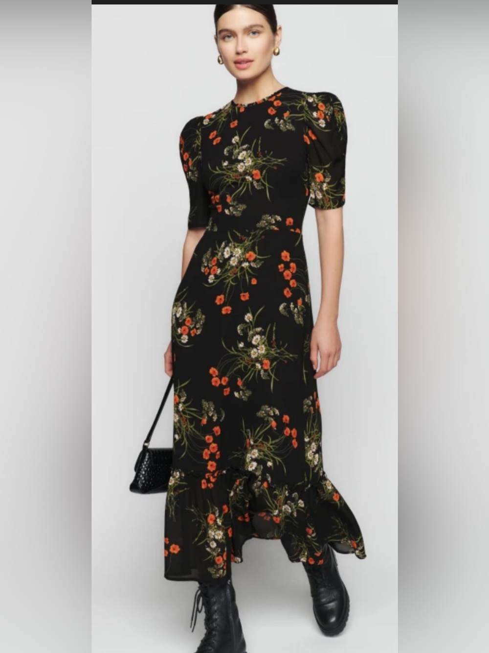 Reformation Addaline Maxi Dress with Orange & Green Floral Motif